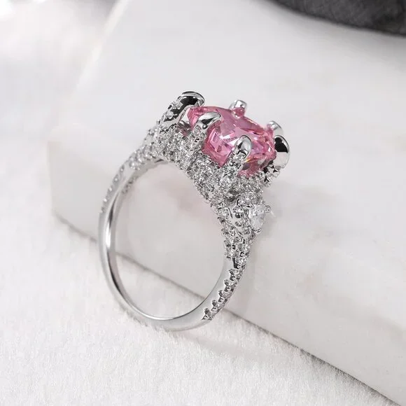 ▶Pink Heart CZ Anillos Shiny Diamonds Silver Plated Heart Ring for Women, L117